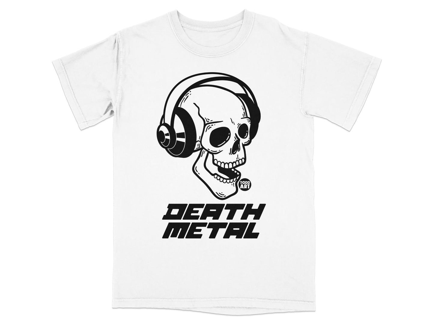 Skull with headphones and "Death Metal" text on a white t-shirt.