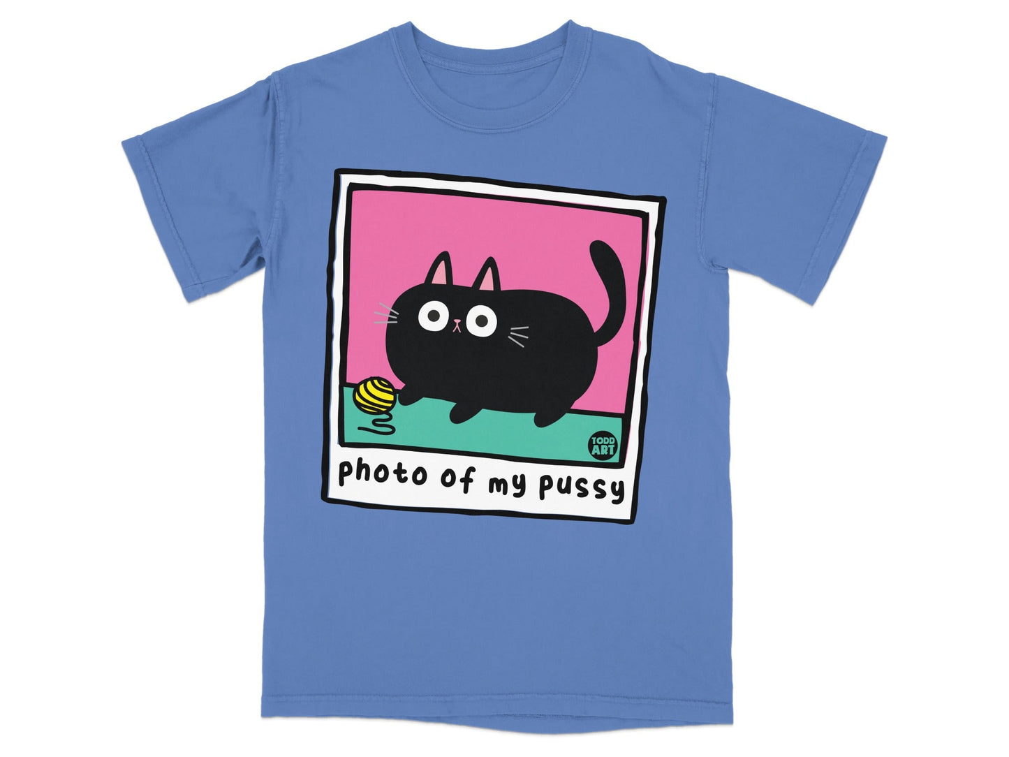 Blue t-shirt featuring a cartoon black cat with a yarn ball in a polaroid frame.
