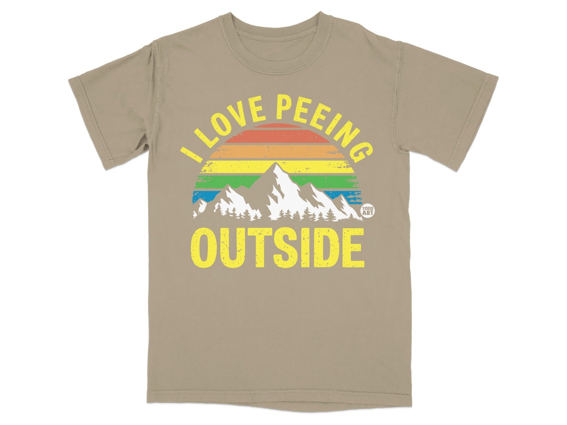 Tan t-shirt with "I LOVE PE...OUTSIDE" text and rainbow mountains.