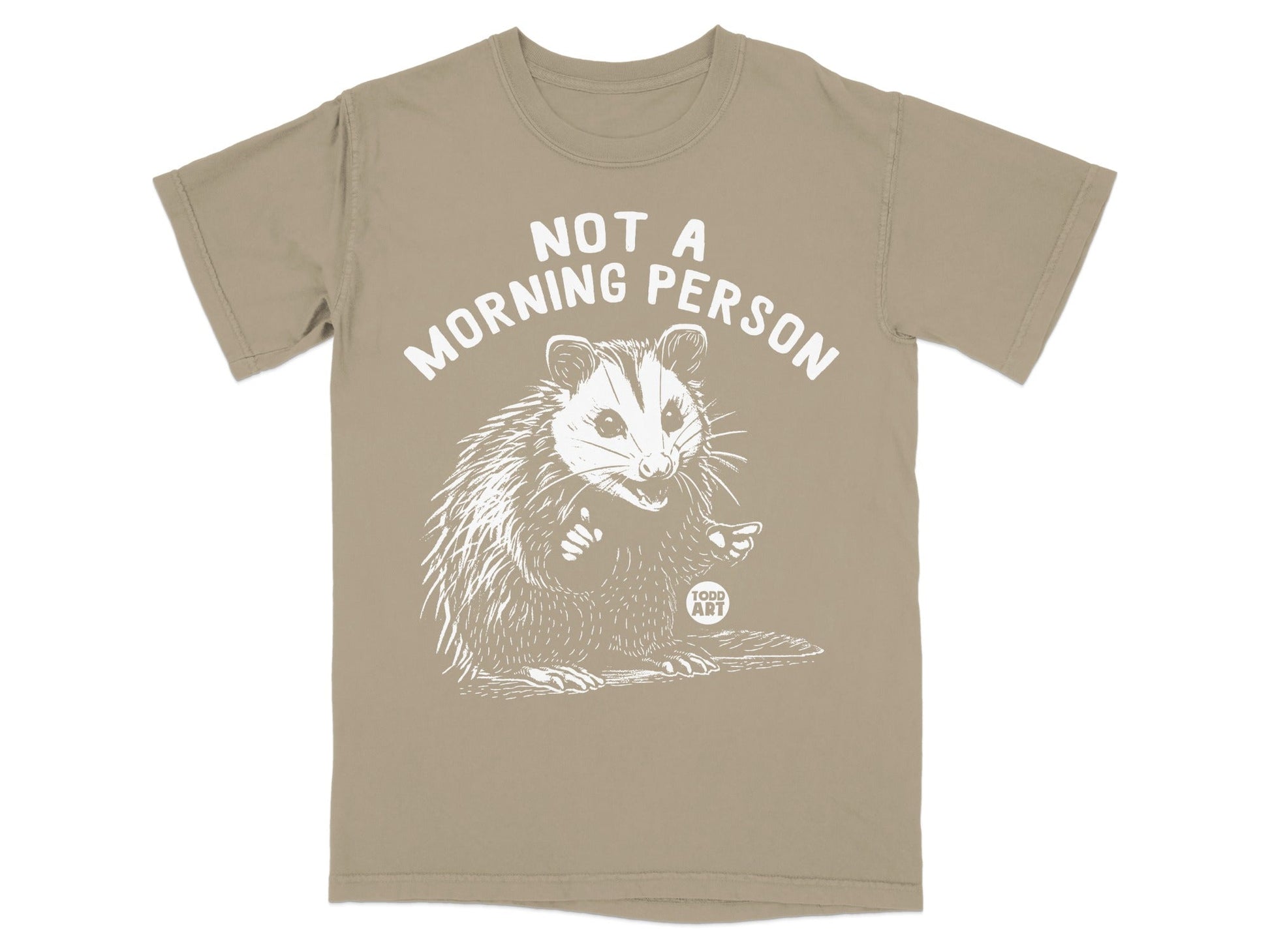 T-shirt with white opossum graphic and text "NOT A MORNING PERSON".