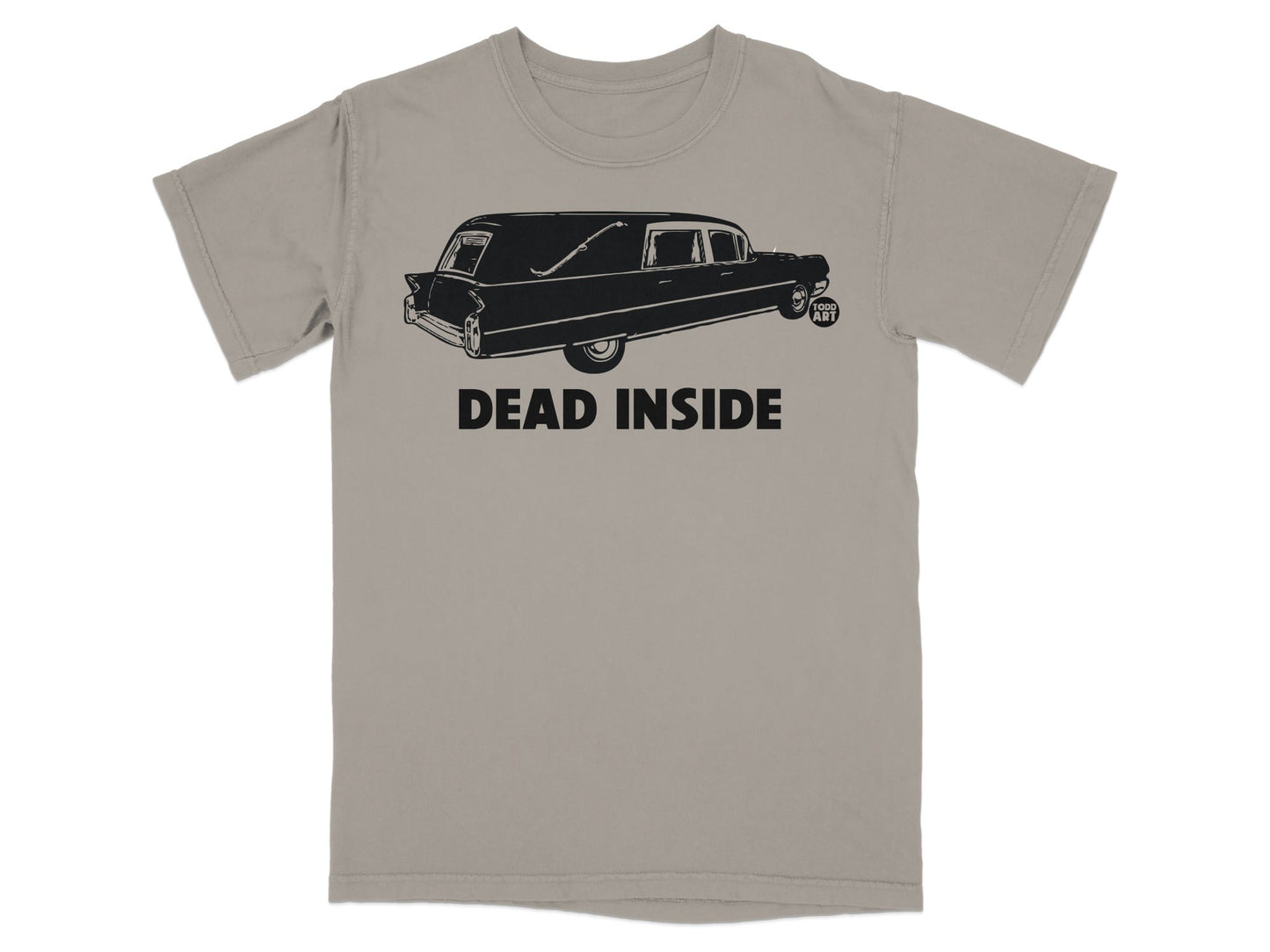 T-shirt with a hearse graphic and the text "DEAD INSIDE".