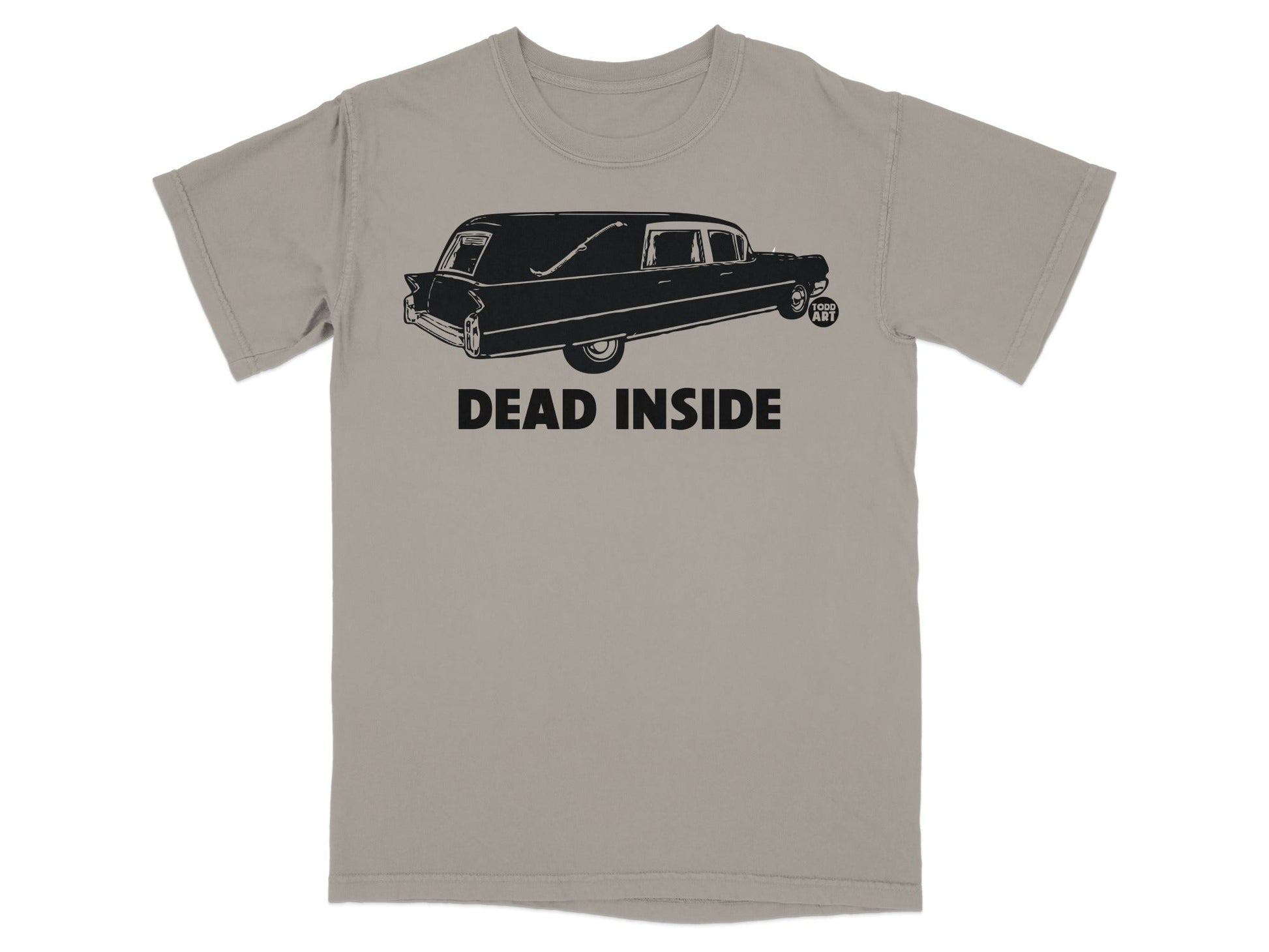 T-shirt with a hearse graphic and the text "DEAD INSIDE".