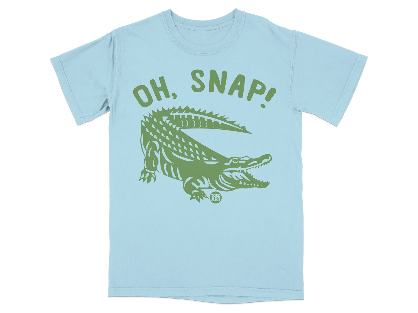 Light blue t-shirt with green alligator graphic and "OH, SNAP!" text.