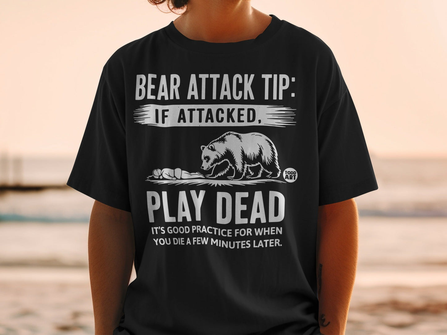 Bear Attack Tip Play Dead Funny Graphic Tee Shirt