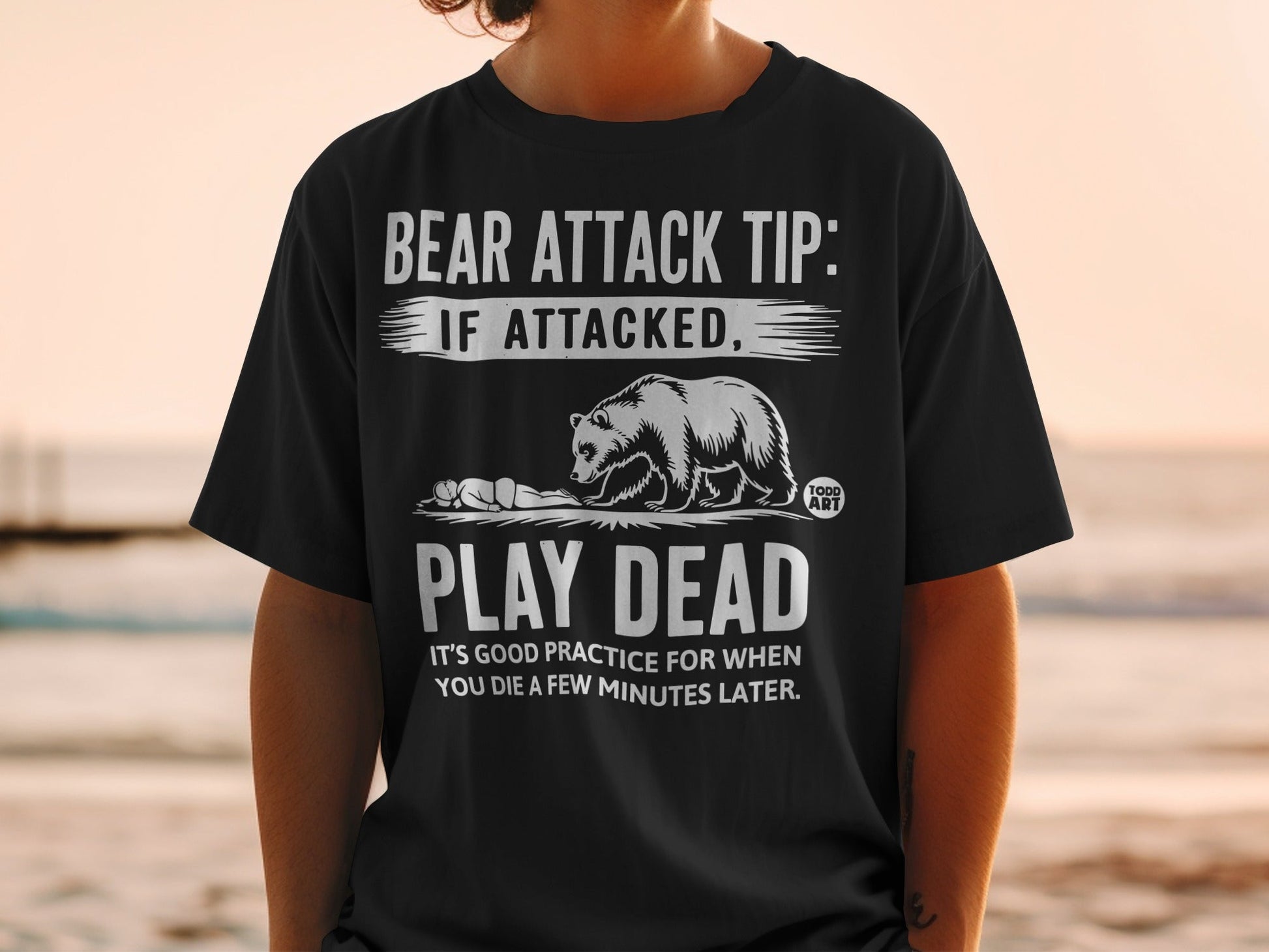 Bear Attack Tip Play Dead Funny Graphic Tee Shirt