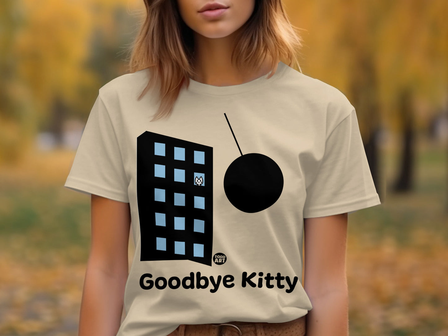 Goodbye Kitty Graphic T-Shirt with Fun Building Print