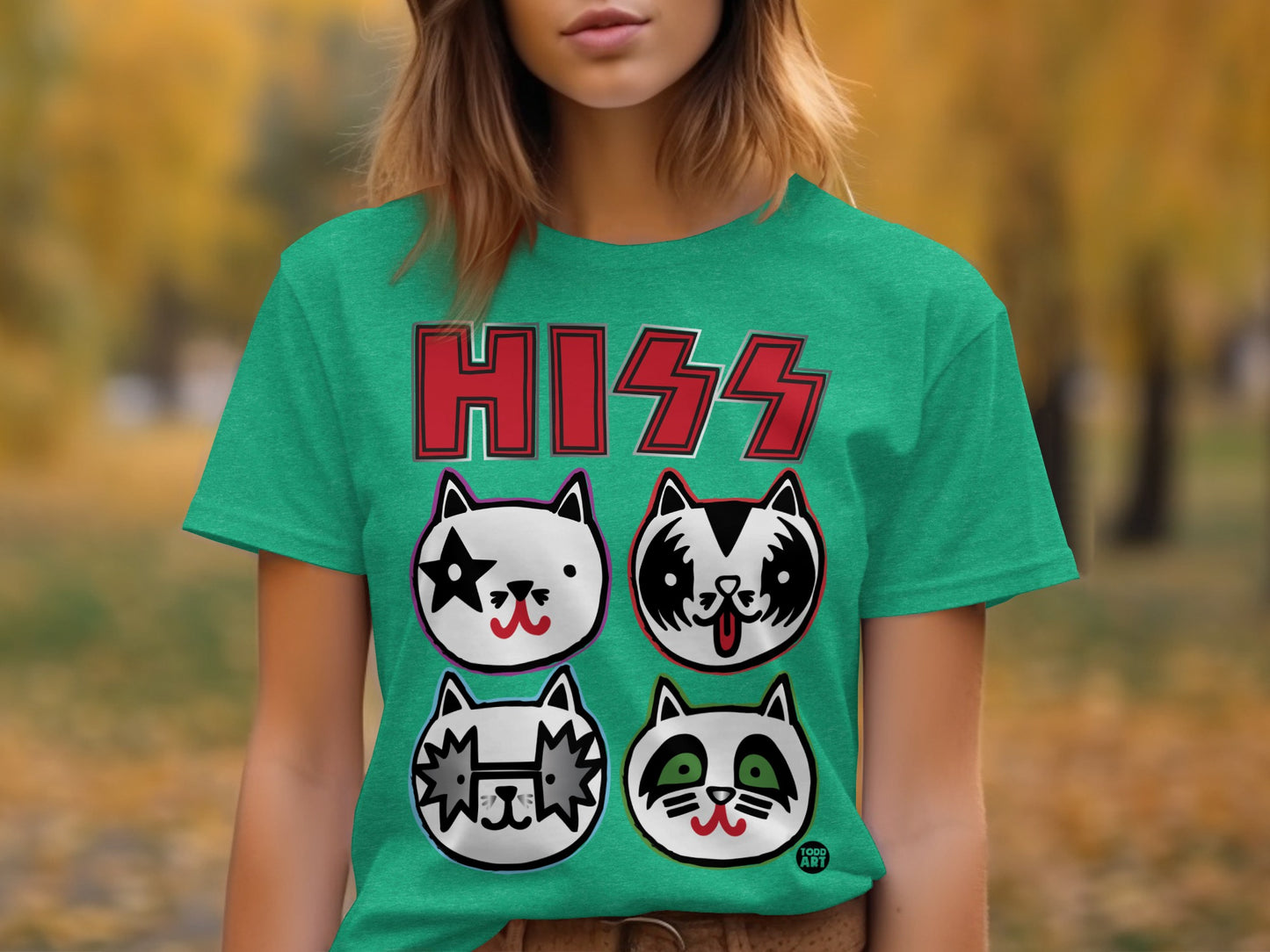 Hiss Cat Parody Four Faces with Colorful Background Tee