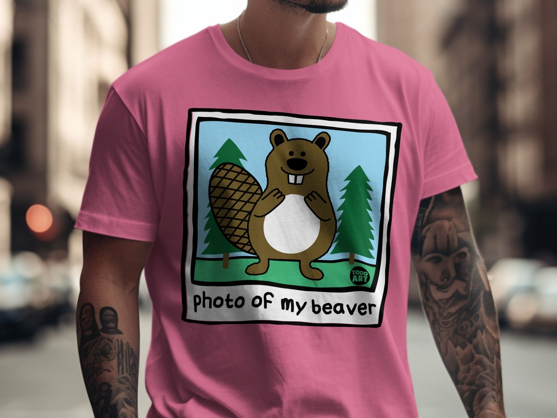 Pink t-shirt with cartoon beaver and text "photo of my beaver".