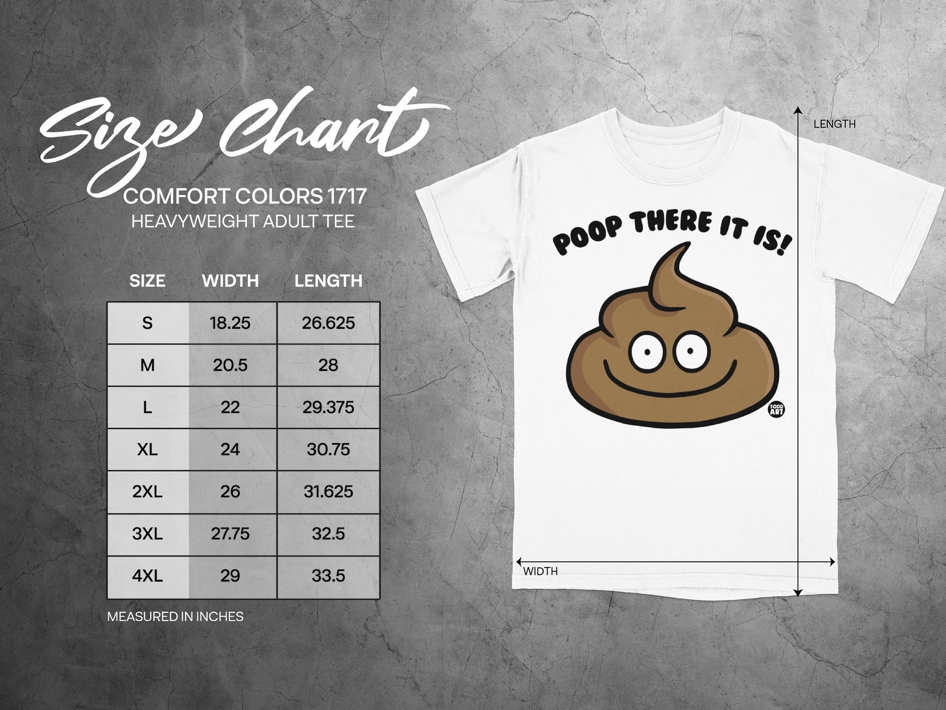 Size chart for Comfort Colors 1717 heavyweight t-shirt with poop graphic.