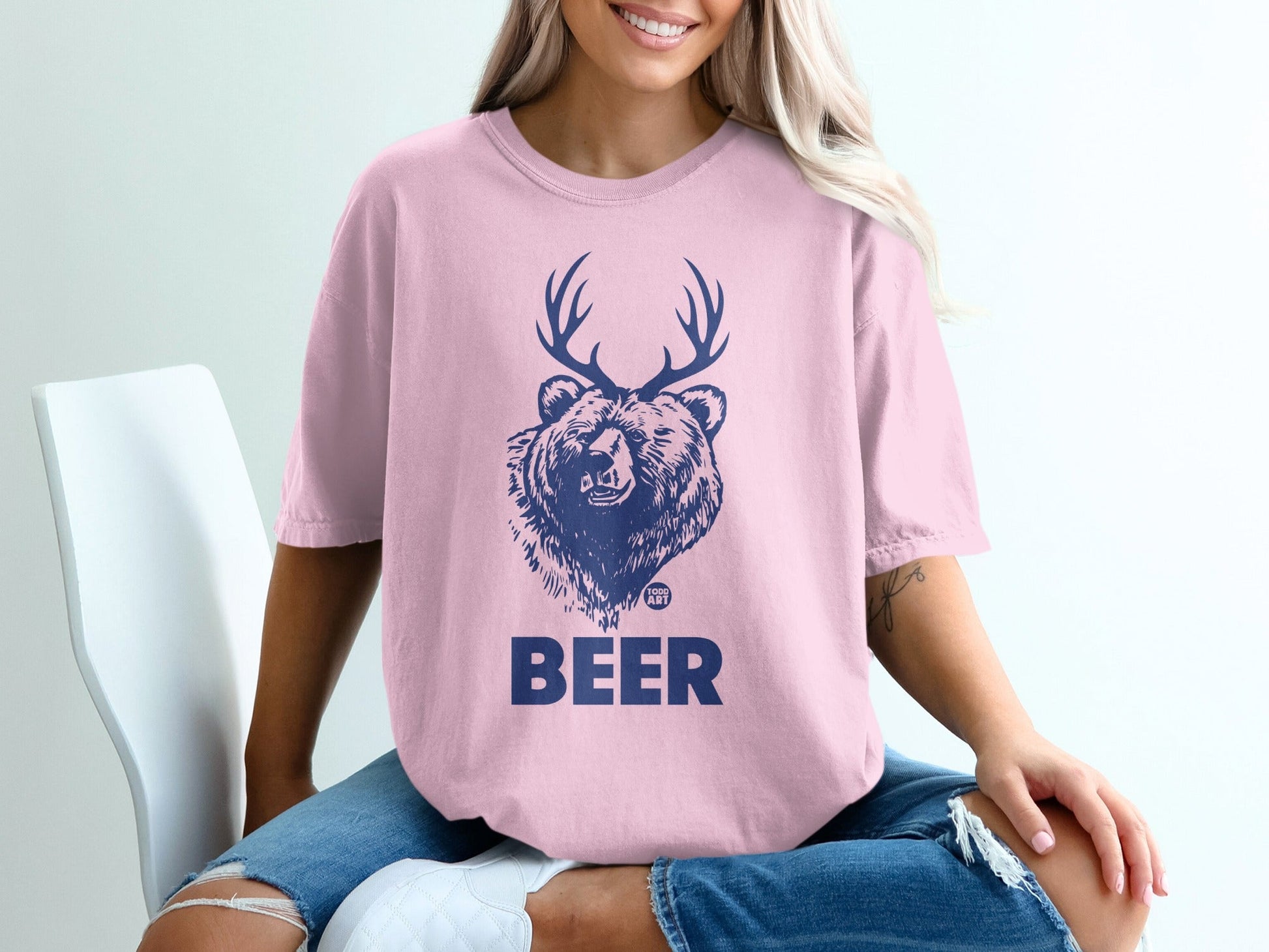 Bear Head with Antlers Beer Graphic T-Shirt