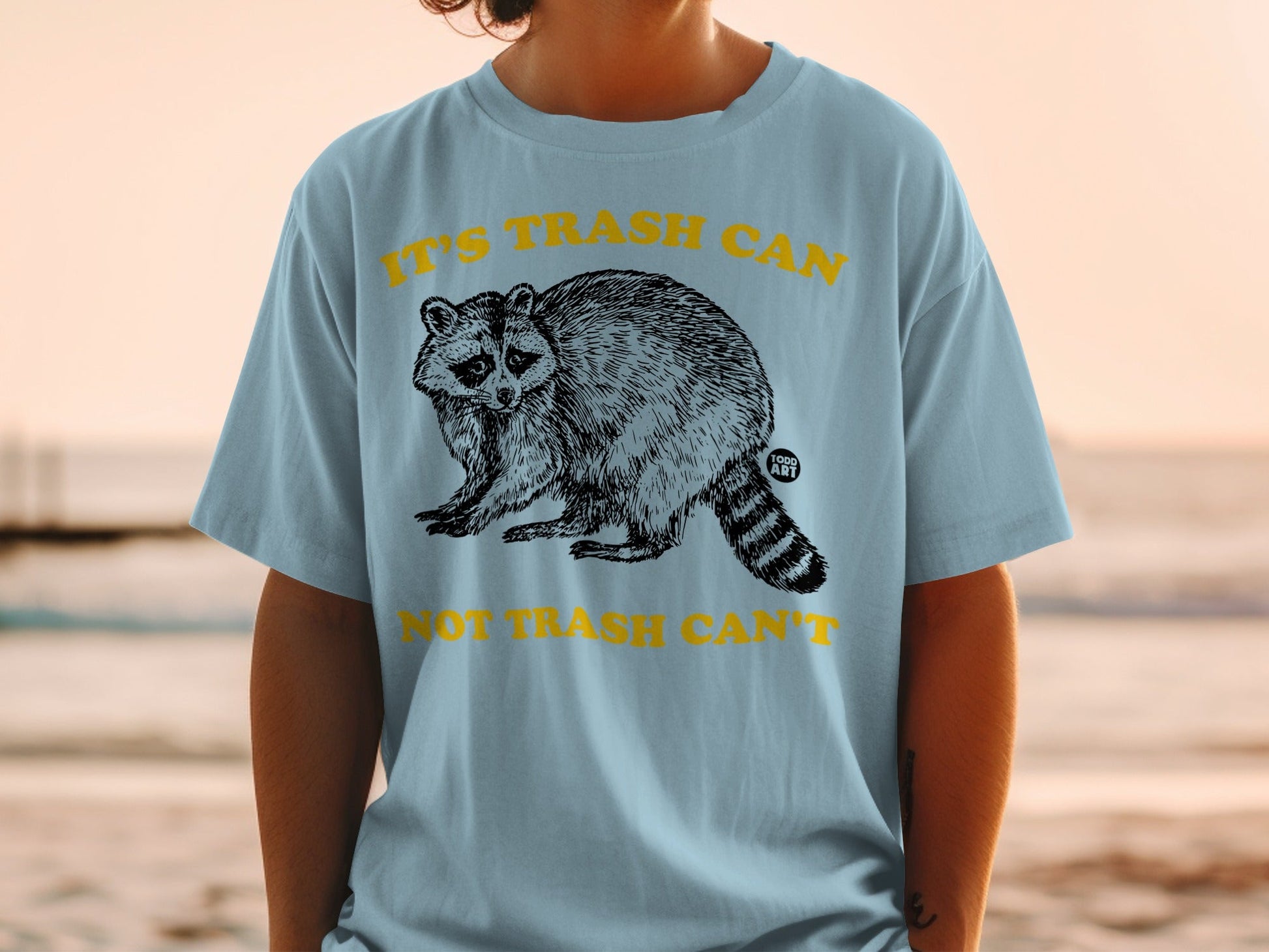 Light blue t-shirt with raccoon graphic and "It's trash can, not trash can't" text.