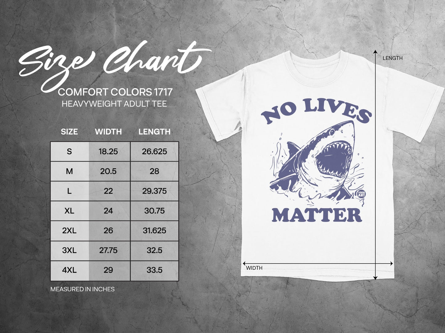 Comfort Colors 1717 size chart for heavyweight adult tees with measurements.