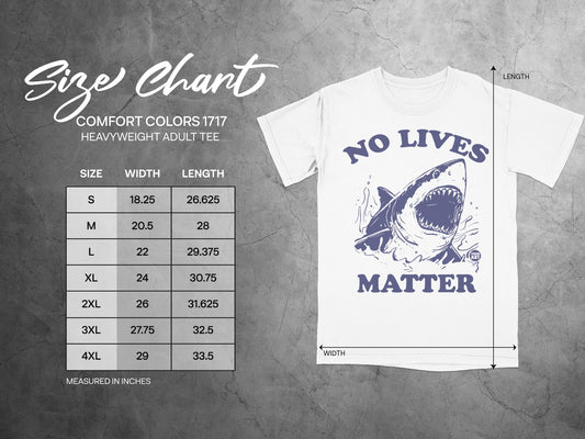 Comfort Colors 1717 size chart for heavyweight adult tees with measurements.