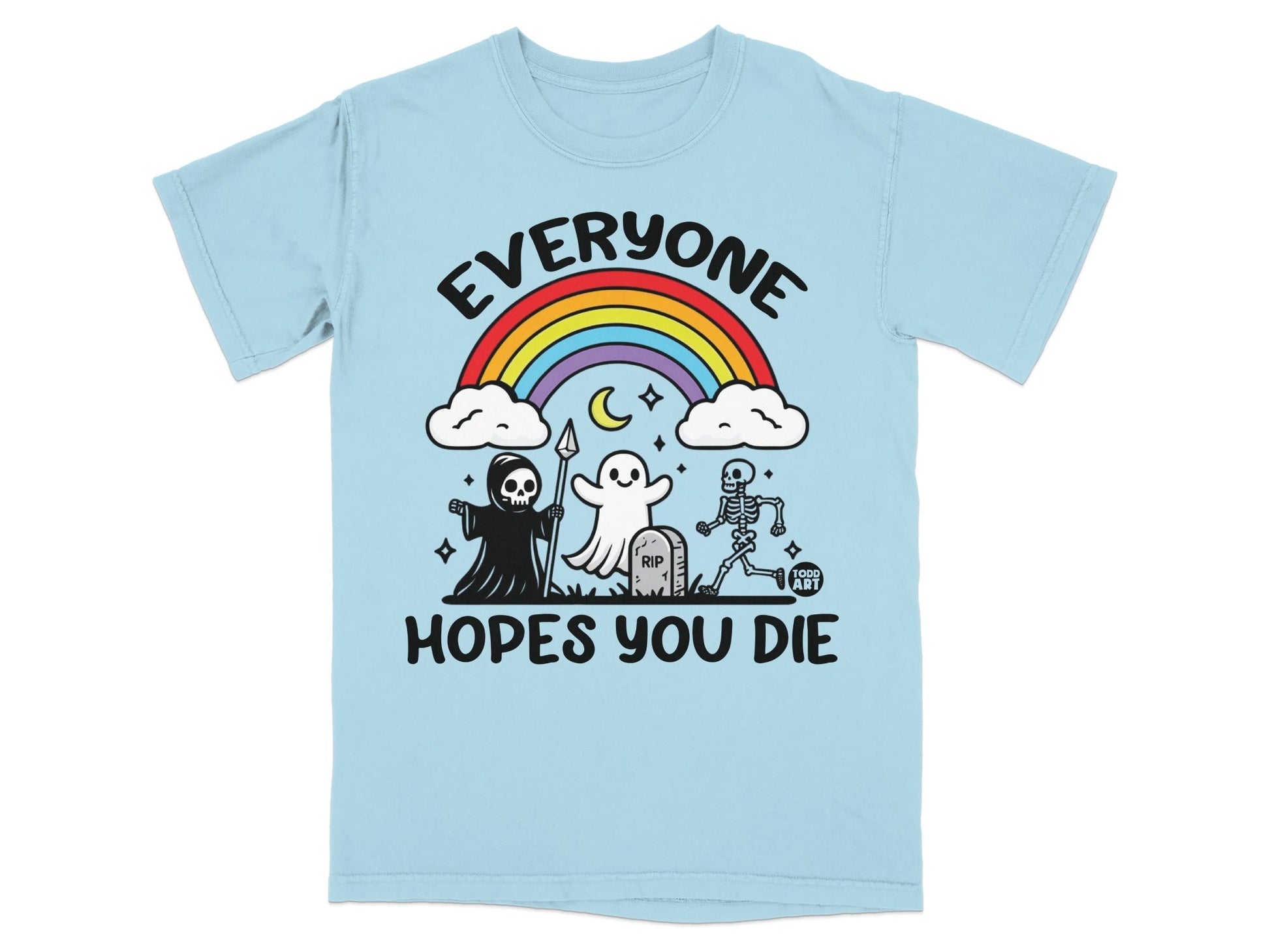 Light blue t-shirt with rainbow, clouds, ghost, skeleton, and Grim Reaper graphic and text.