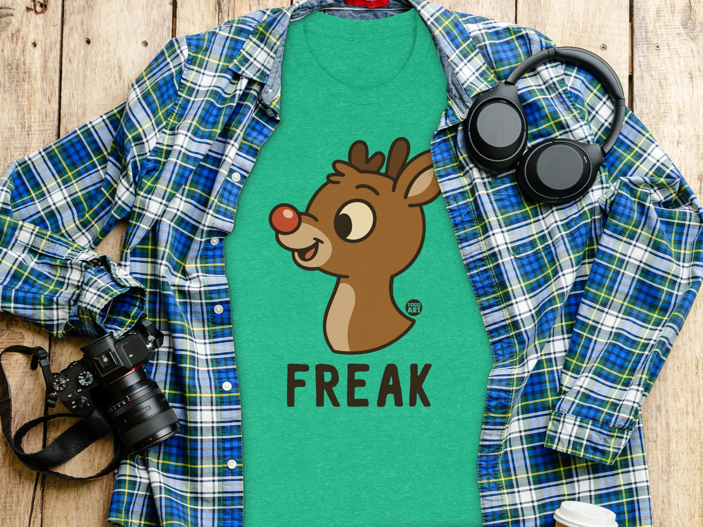 Cute Reindeer Freak Graphic Print Green Shirt