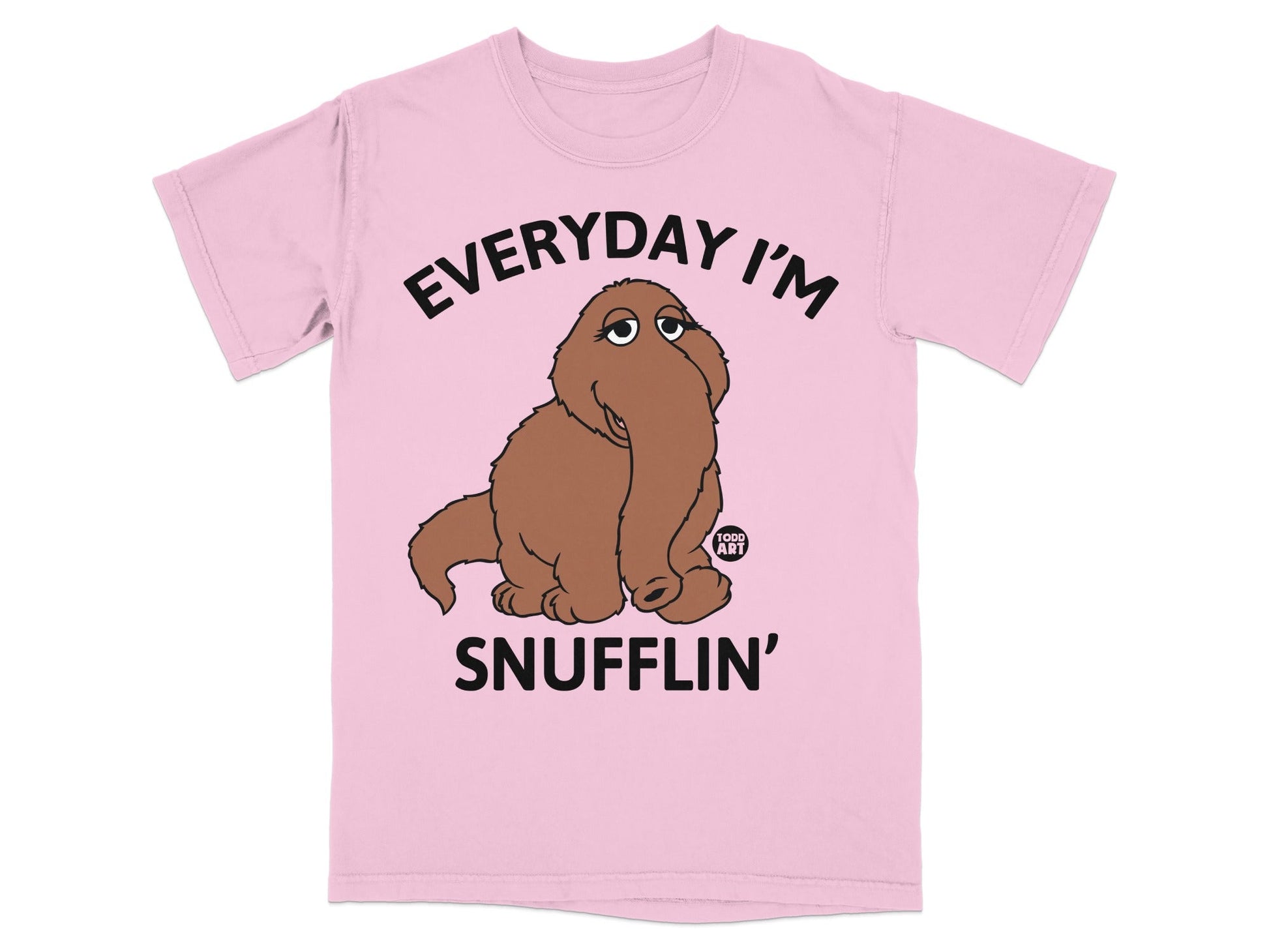 Pink t-shirt with cartoon furry creature and text "EVERYDAY I'M SNUFFLIN'".