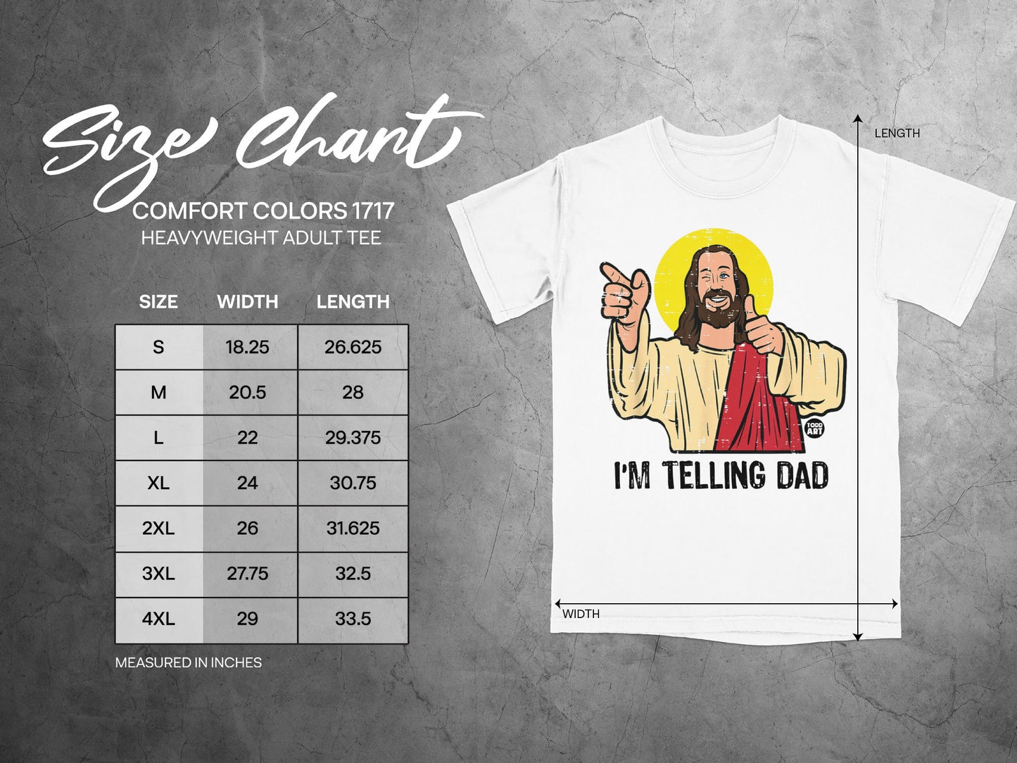 Size chart for Comfort Colors 1717 heavyweight adult tee.
