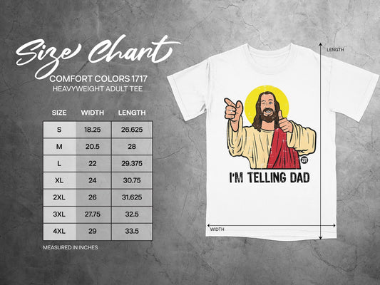 Size chart for Comfort Colors 1717 heavyweight adult tee.
