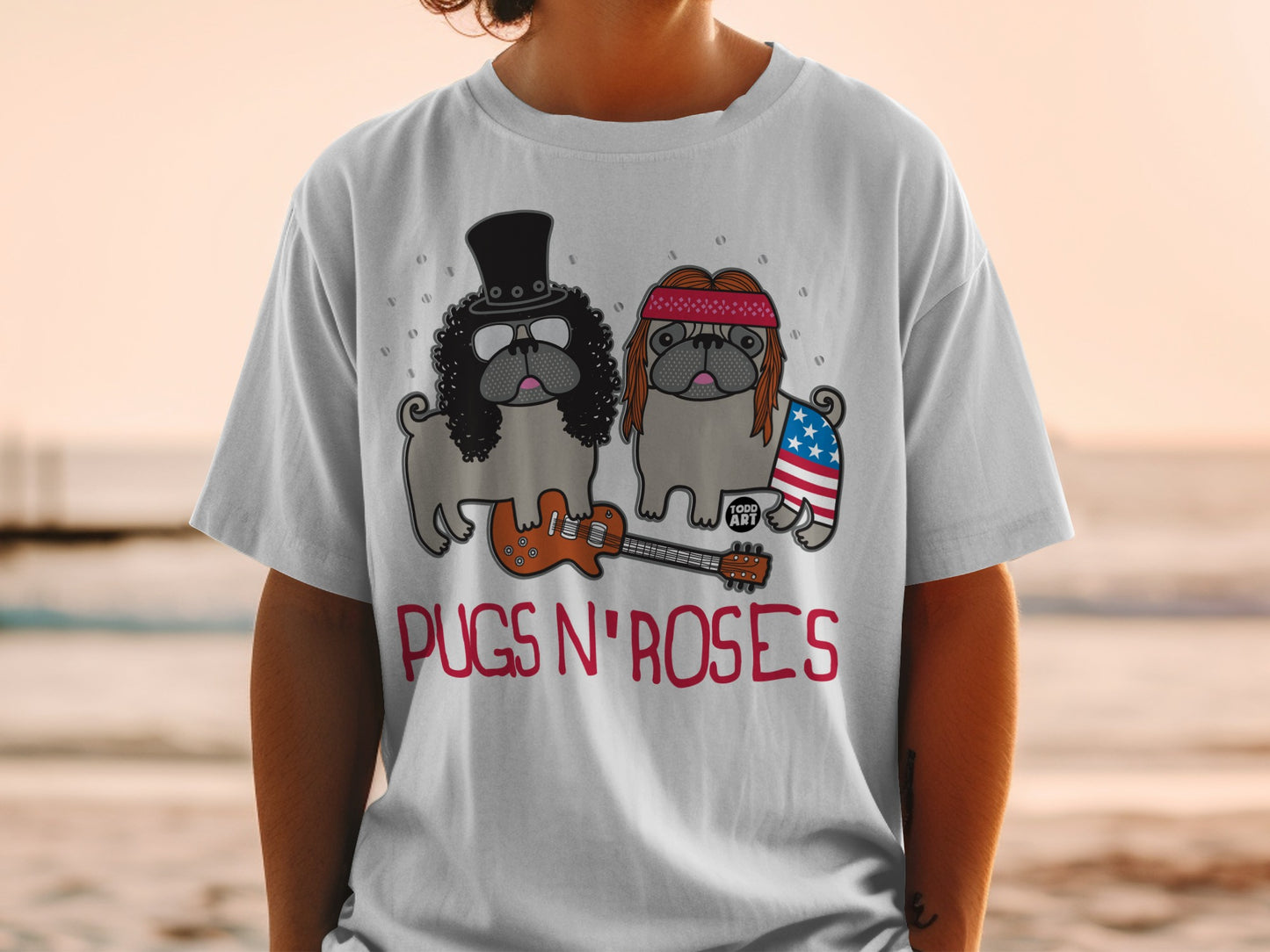 Pugs N' Roses Graphic Dog Band Themed T-shirt