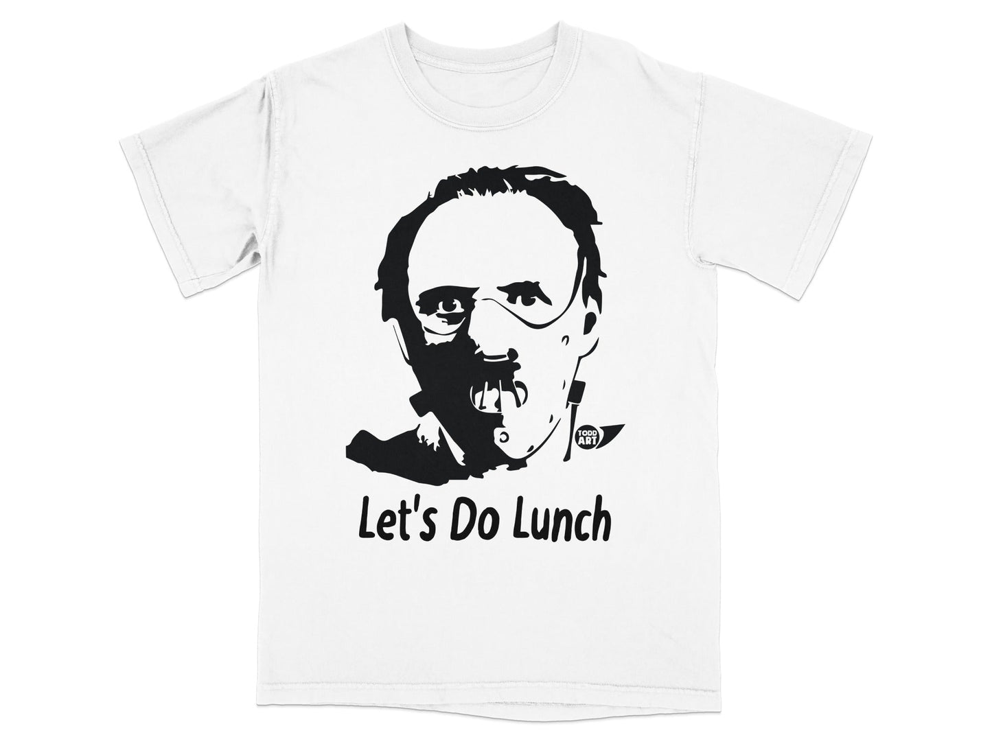 T-shirt with black and white illustration of Hannibal Lecter and text "Let's Do Lunch".
