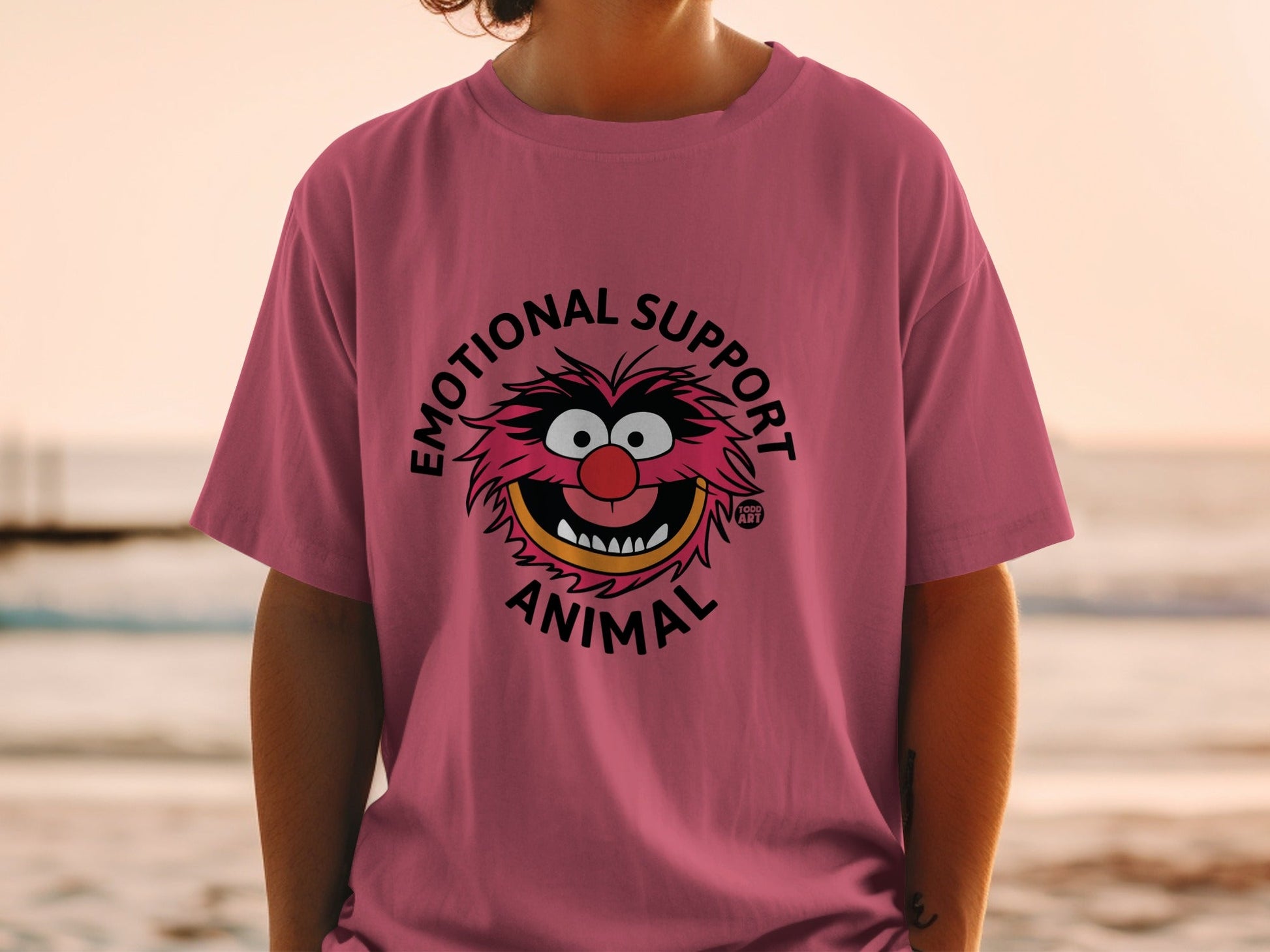 Pink t-shirt with "Emotional Support Animal" text and cartoon character graphic.