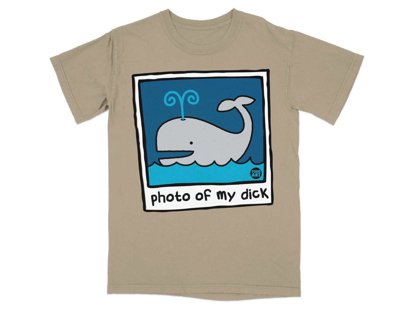 T-shirt with a cartoon whale and the text "photo of my dick".