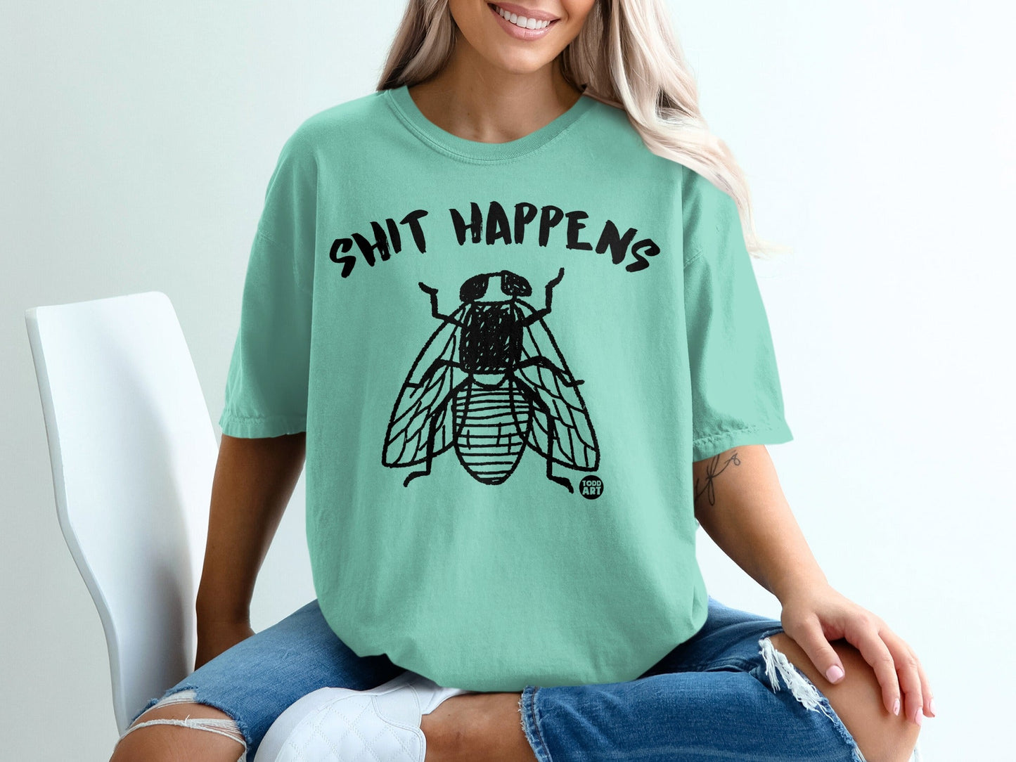 Shit Happens Fly Graphic Print on Mint Green T-shirt