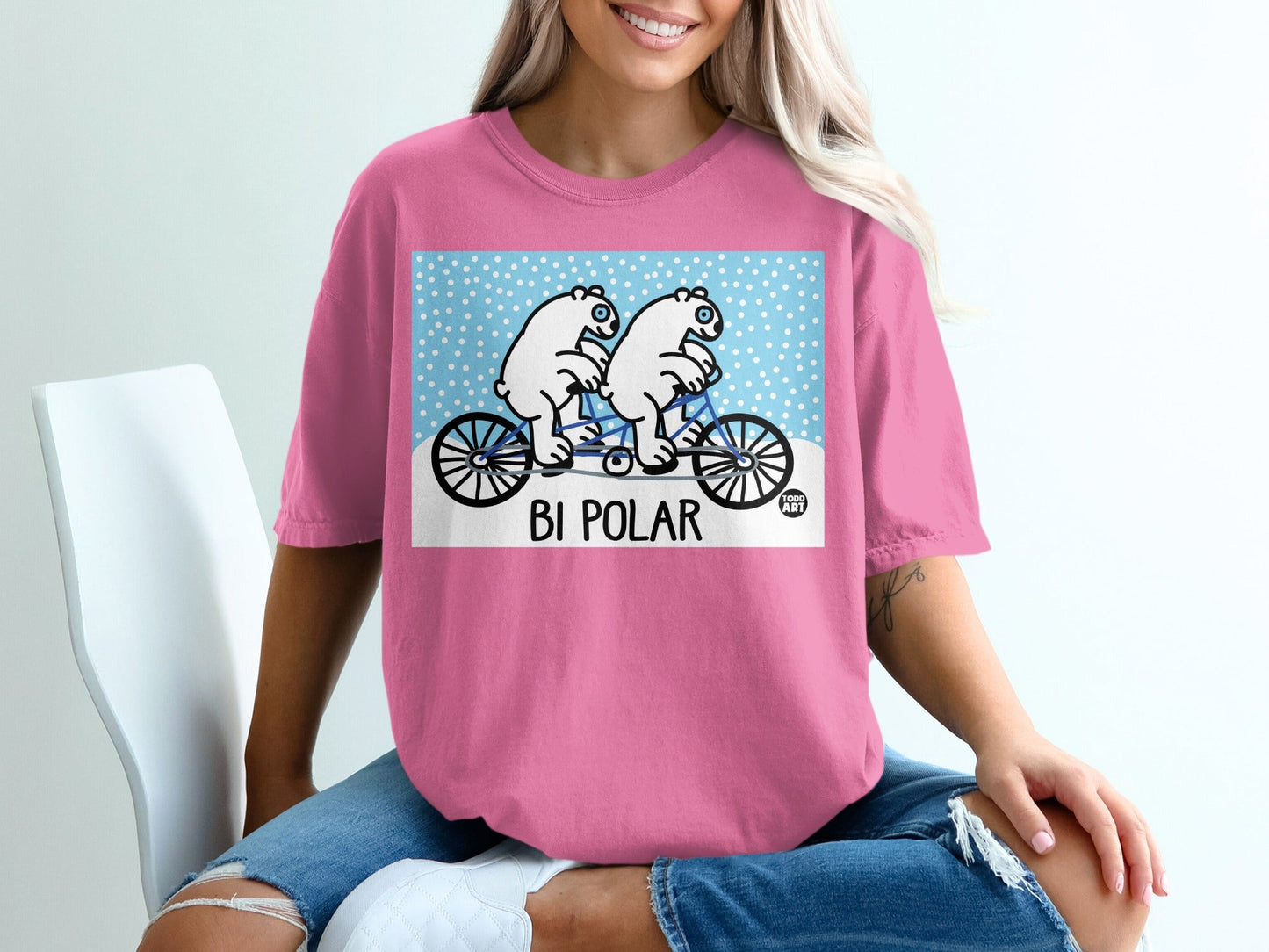 Pink T-Shirt with Polar Bears on Bicycle Design