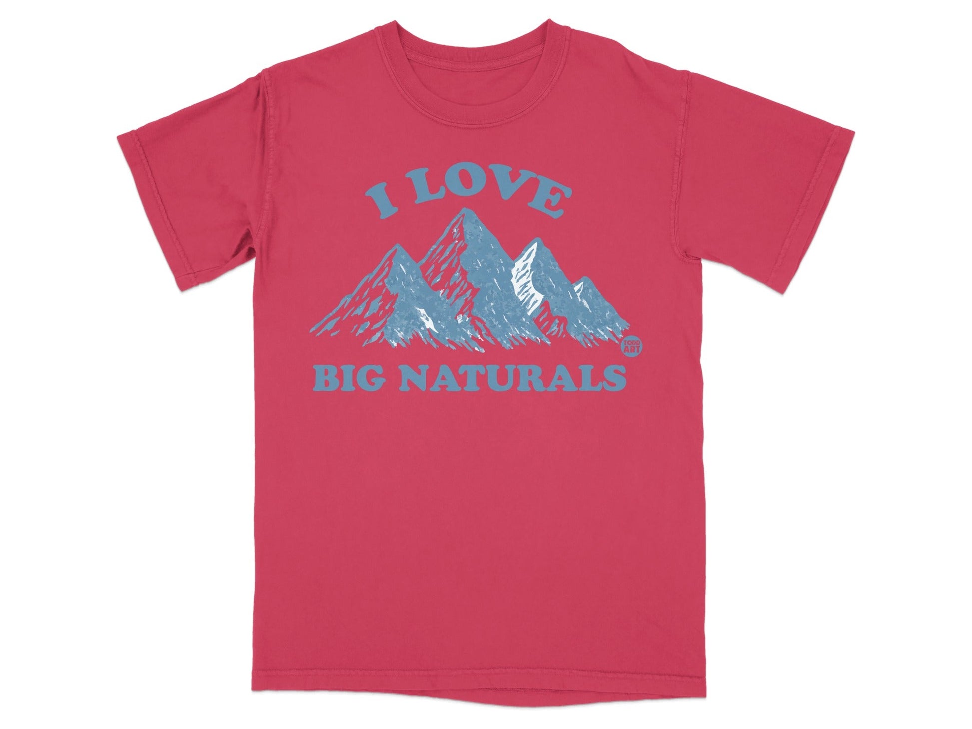 Red t-shirt with "I LOVE BIG NATURALS" and mountain graphic.