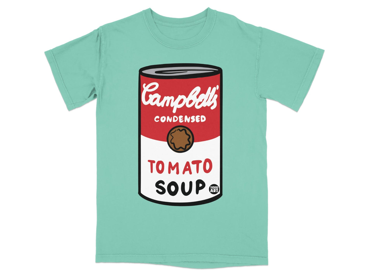 Teal t-shirt with a Campbell's Condensed Tomato Soup can graphic.