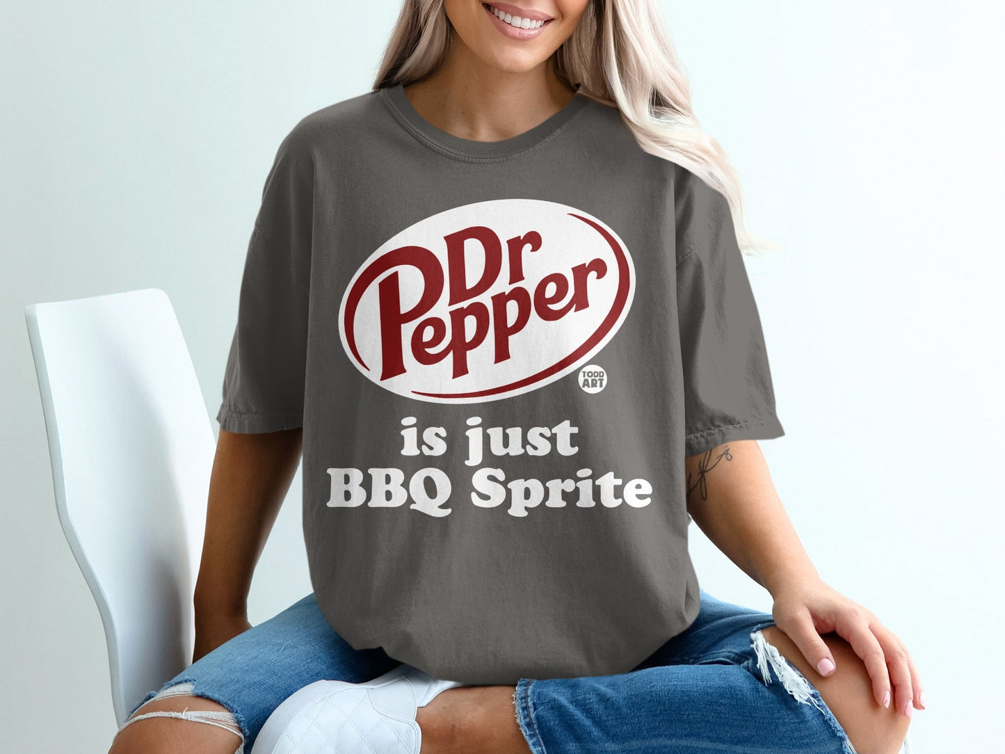 Dr Pepper logo t-shirt with "is just BBQ Sprite" text.