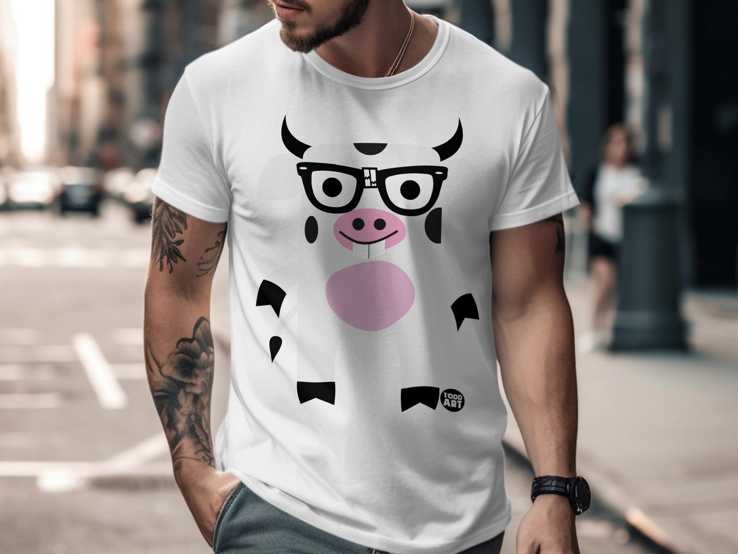 Cute Cartoon Cow with Glasses Design T-Shirt