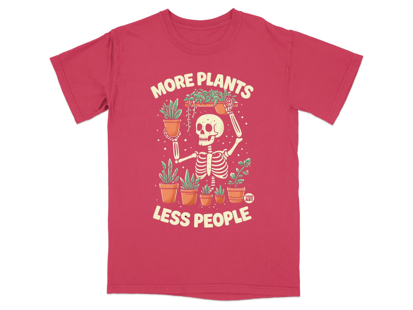 Skeleton holding potted plants with text "MORE PLANTS LESS PEOPLE".