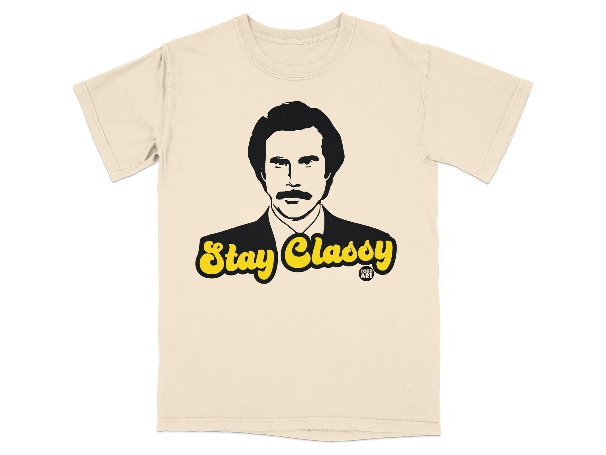Cream t-shirt with Ron Burgundy's face and "Stay Classy" text.