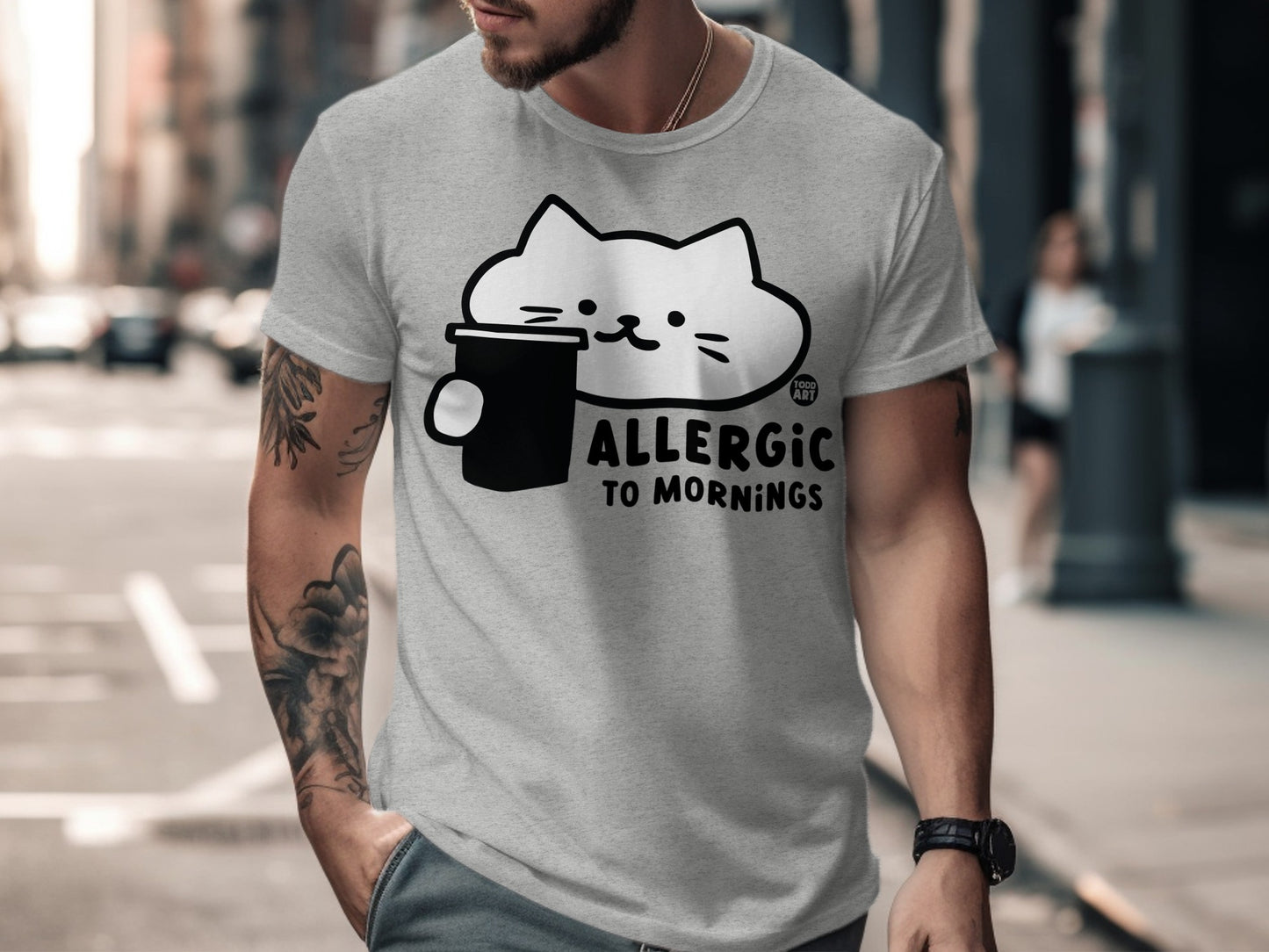 Allergic To Mornings Cat with Coffee T-shirt