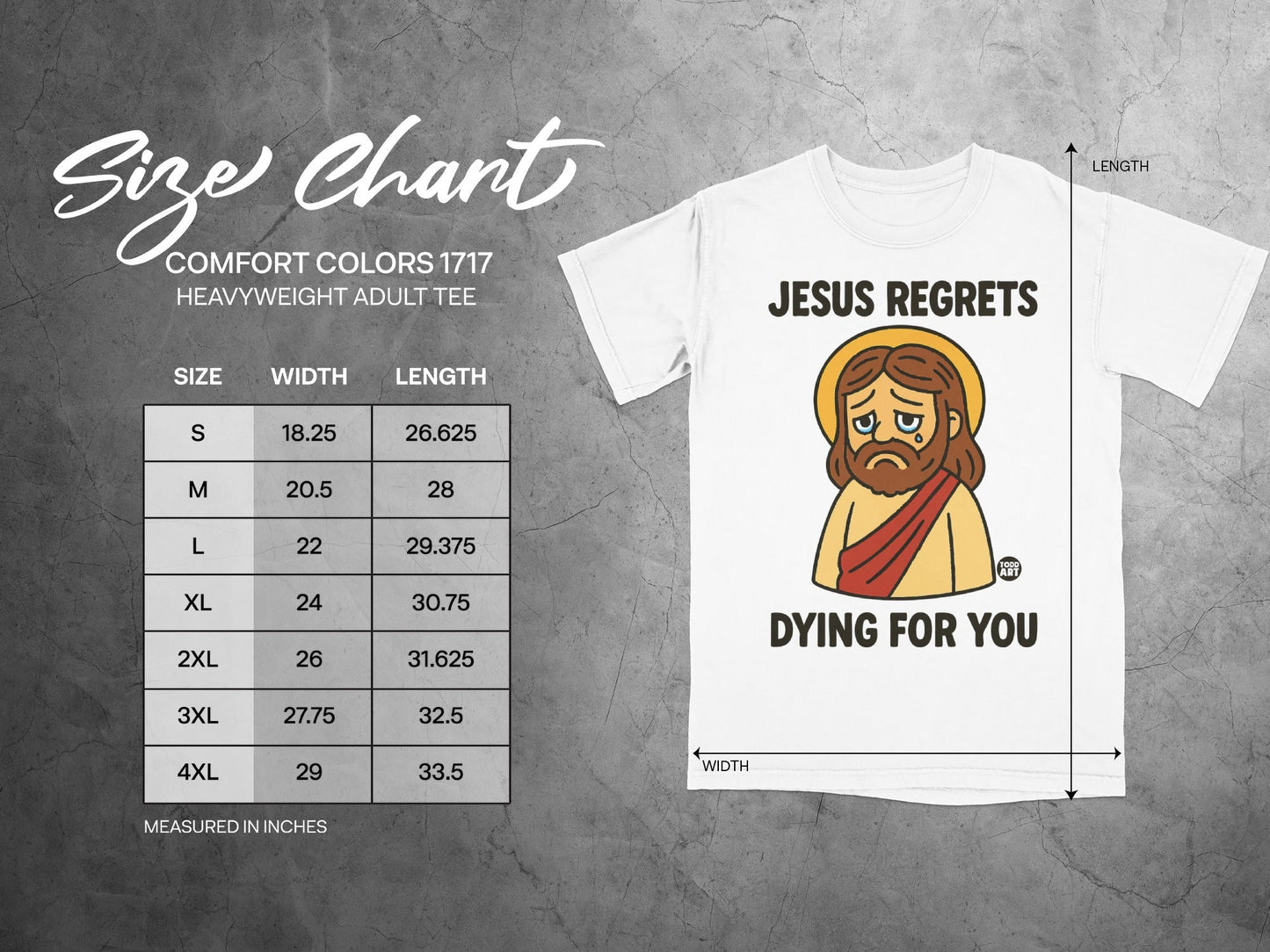 Size chart for Comfort Colors 1717 heavyweight adult tee with Jesus graphic.
