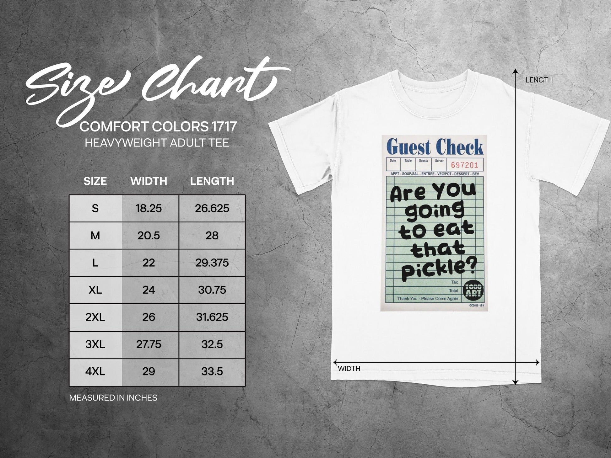 Size chart for Comfort Colors 1717 heavyweight adult tee with guest check graphic.