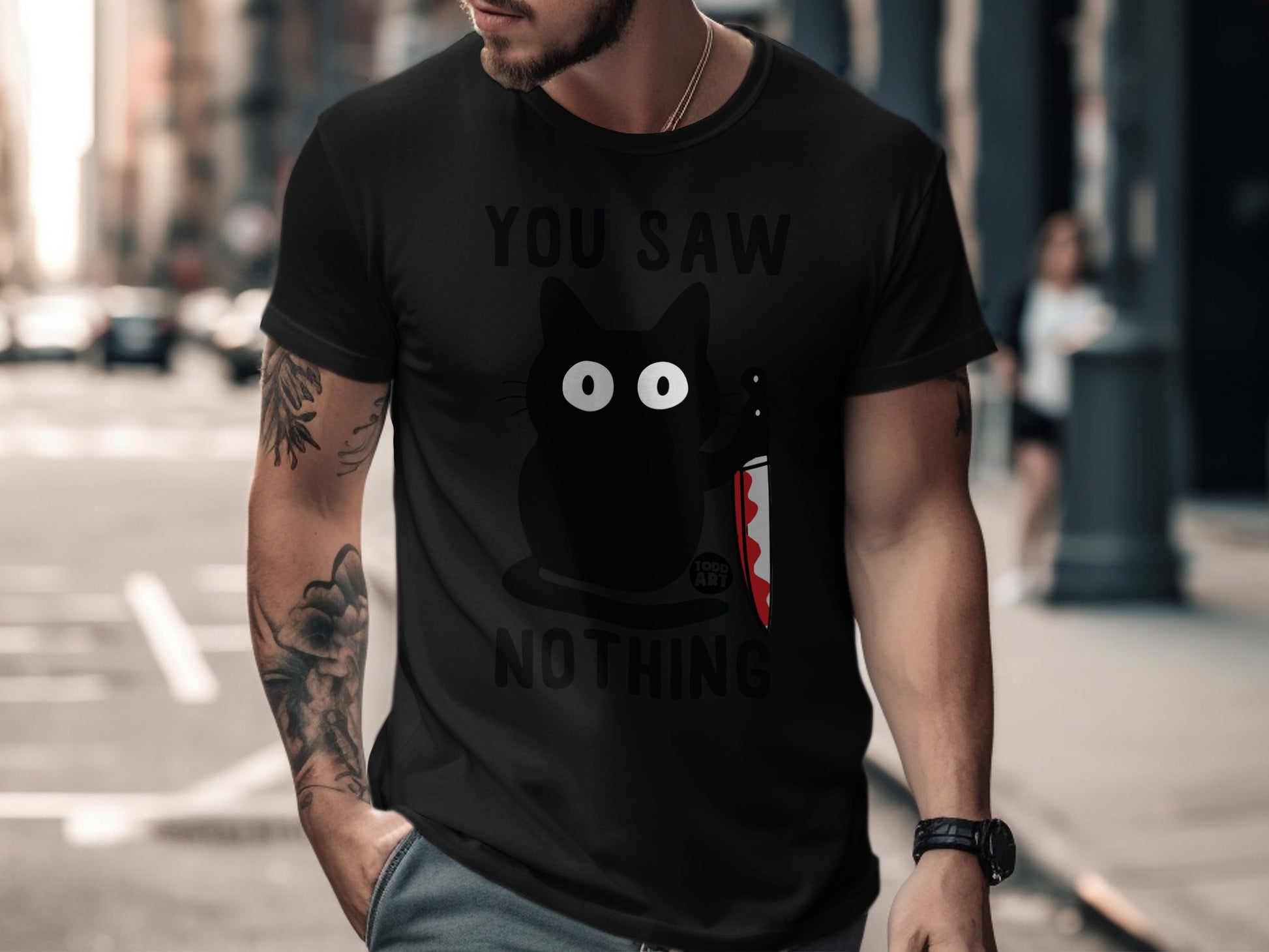 You Saw Nothing Cat with Knife Graphic T-Shirt