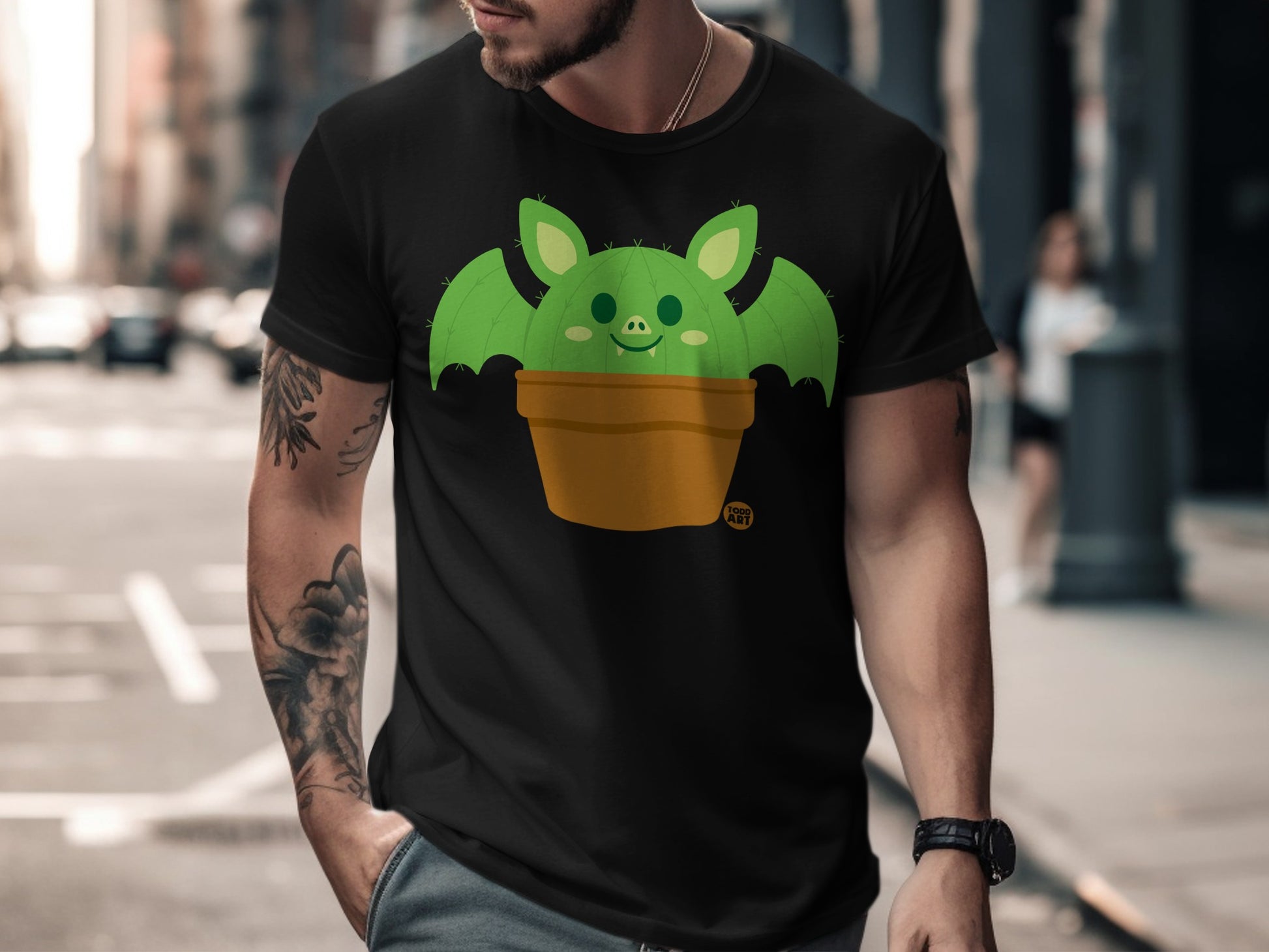 Cute Bat Cactus Graphic Artwork on Trendy T-shirt