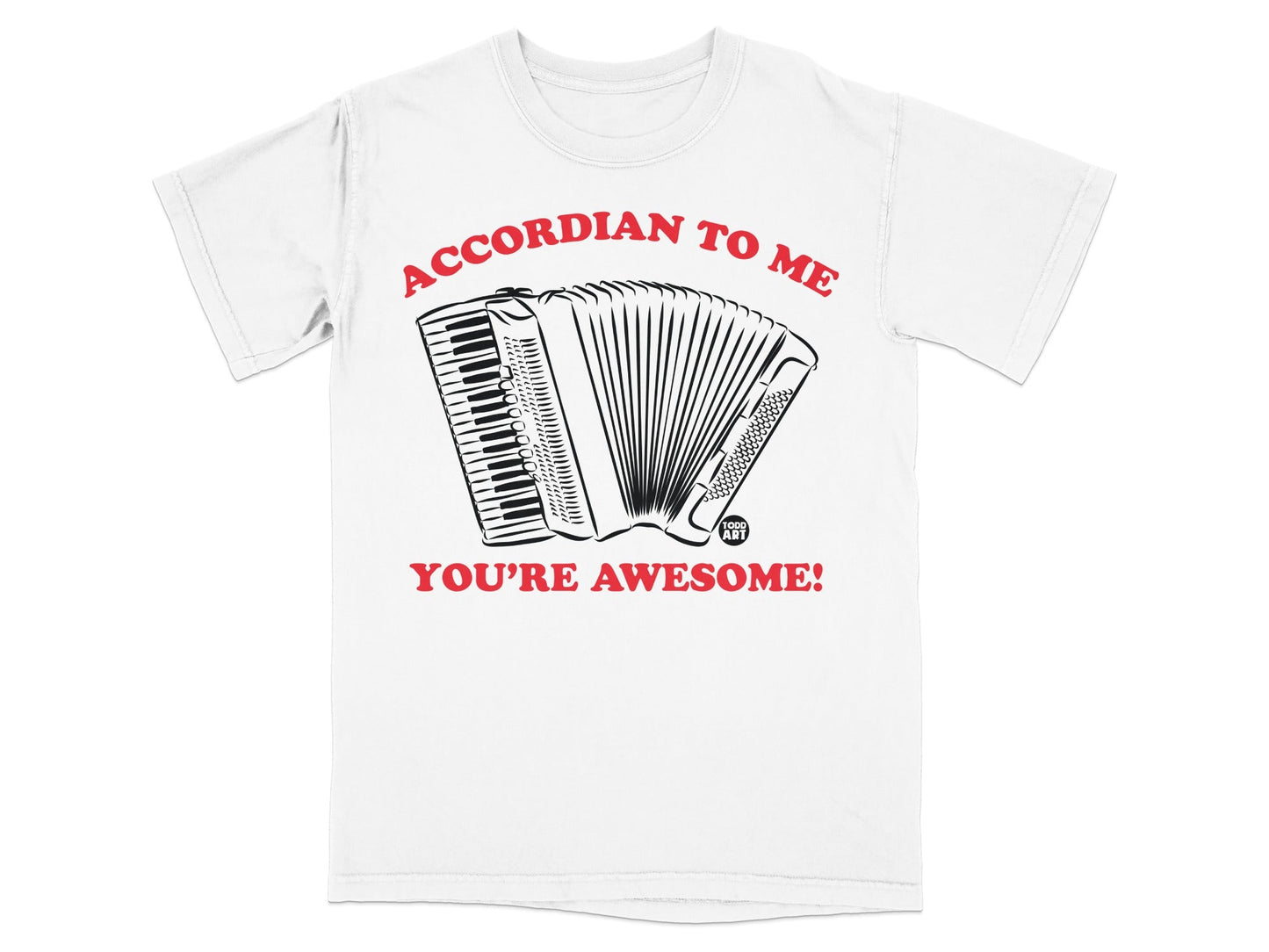 White t-shirt with accordion graphic and text: "ACCORDIAN TO ME YOU'RE AWESOME!"