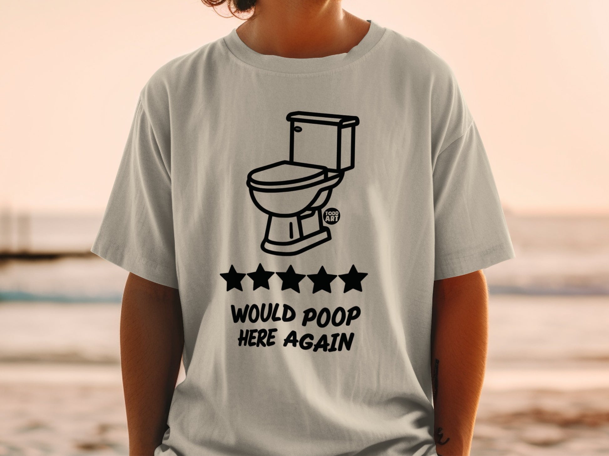 T-shirt with toilet, five stars, and text "WOULD POOP HERE AGAIN".