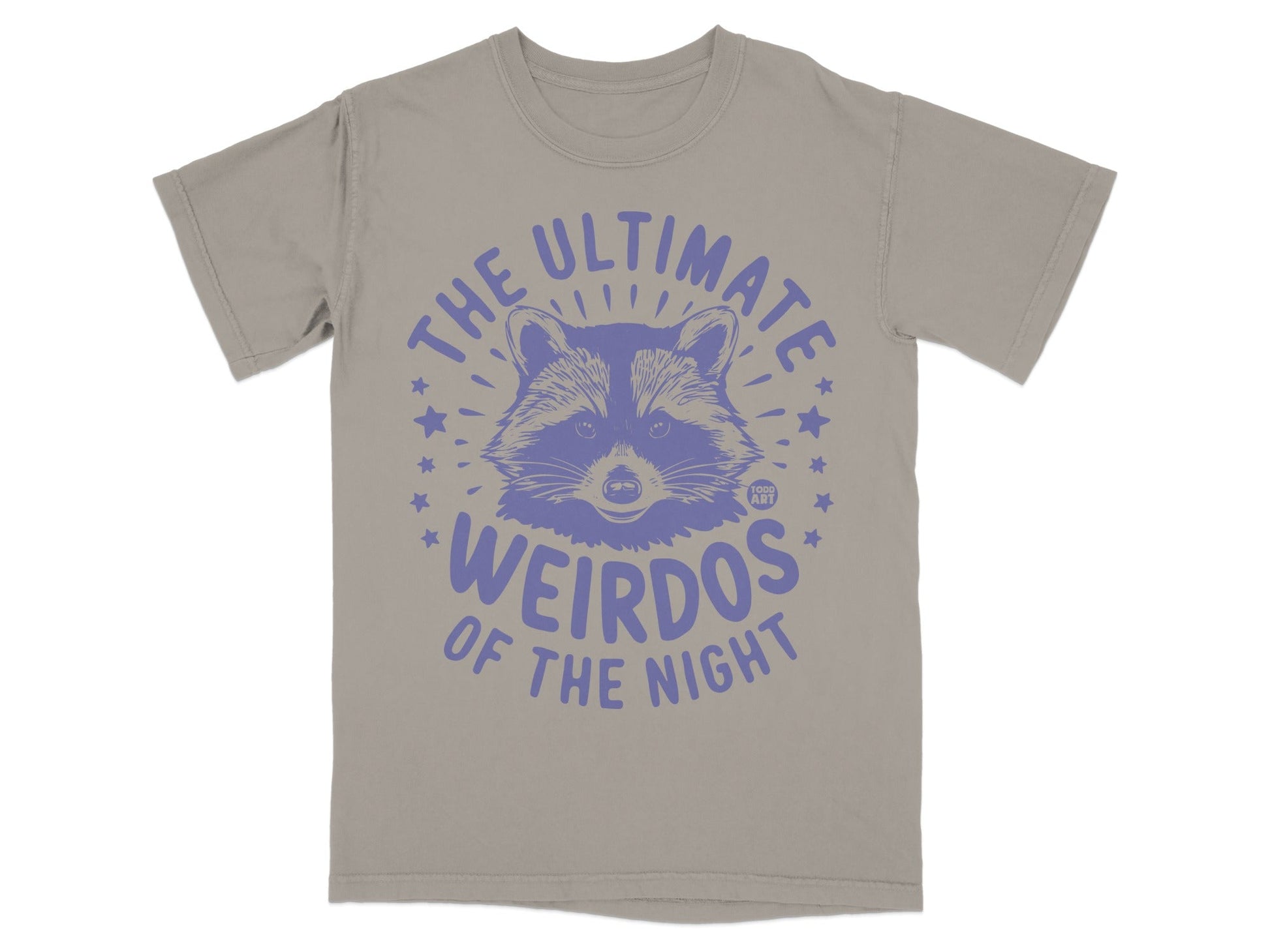 T-shirt with purple raccoon graphic and "The Ultimate Weirdos of the Night" text.