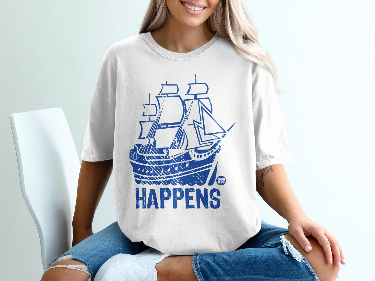 HAPPENS Graphic T-Shirt with Blue Ship Design