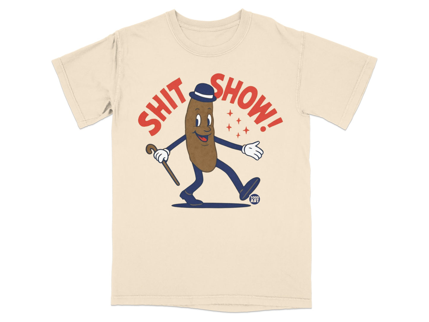 Brown cartoon poop character wearing a hat and holding a cane.