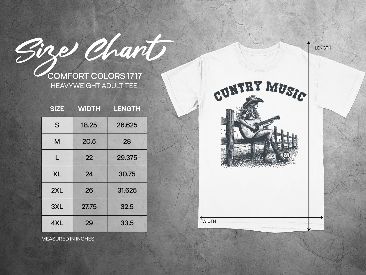 Size chart for Comfort Colors 1717 heavyweight adult tee, with width and length measurements.