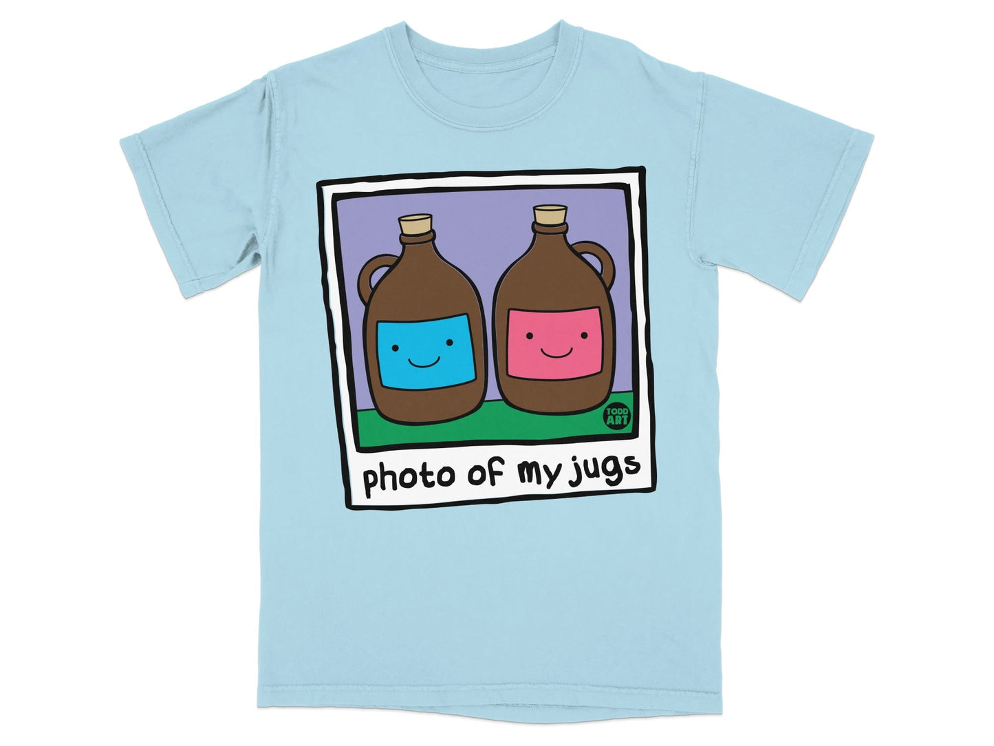 Two cartoon jugs with smiley faces, "photo of my jugs" text.