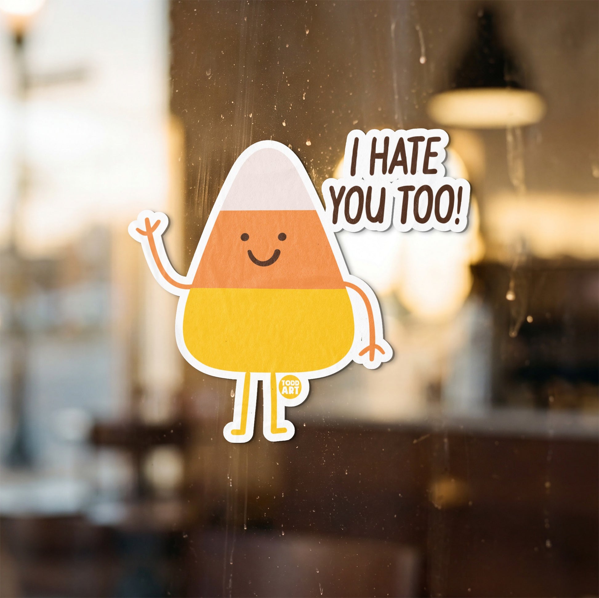 Candy corn sticker with "I HATE YOU TOO!" text, waving hello.