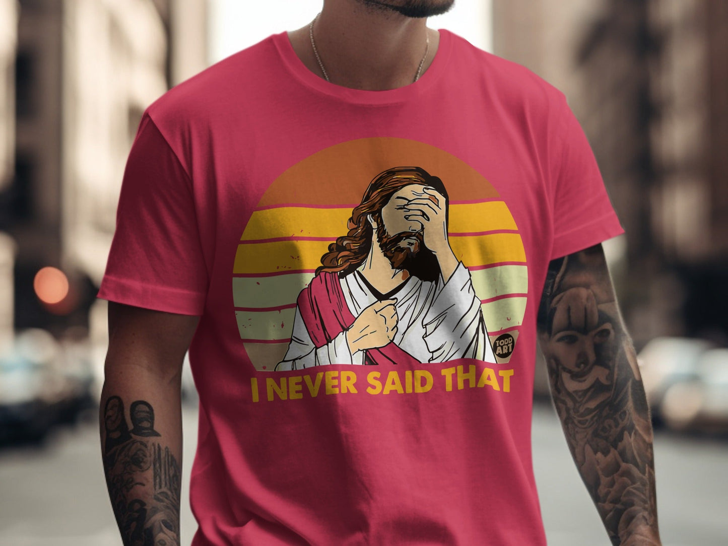 T-shirt with Jesus artwork and "I NEVER SAID THAT" text.