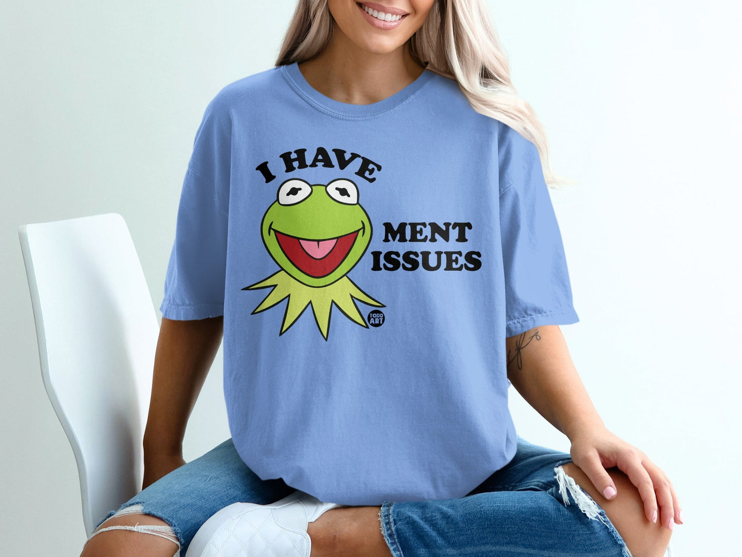 Kermit the Frog with "I Have Ment Issues" text on a blue t-shirt.
