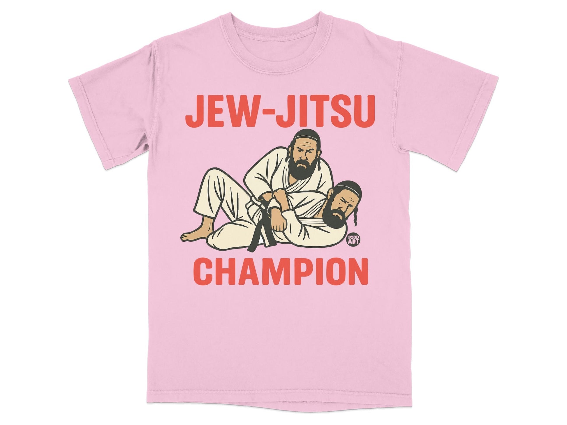 Pink t-shirt with "JEW-JITSU CHAMPION" and illustration of two men in judo uniforms.